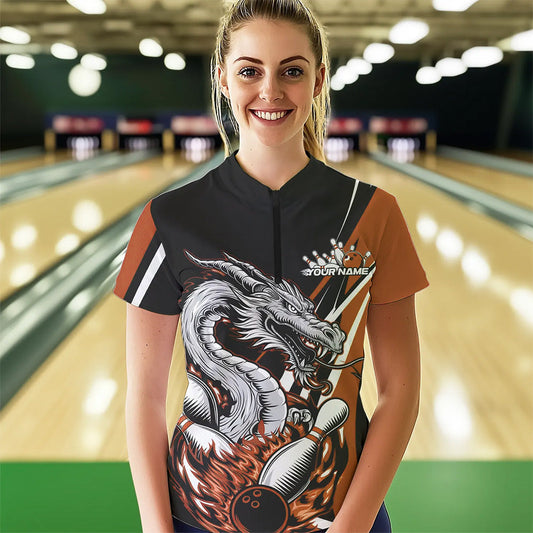 Custom Black And Orange Flame Dragon Bowling Jerseys Women Bowling Team Quarter-Zip Shirts IPHW8711