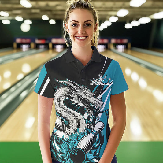 Custom Black And Blue Flame Dragon Bowling Jerseys, Dragon Women Bowling Team Polo Shirts IPHW8712