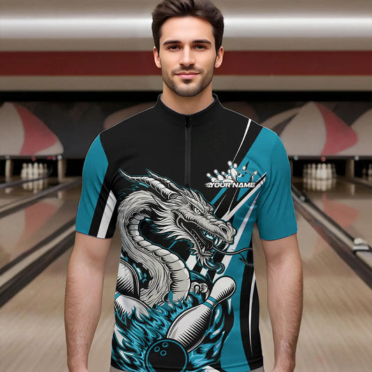 Custom Black And Blue Flame Dragon Bowling Jerseys, Dragon Men Bowling Team Quarter-Zip Shirts IPHW8712