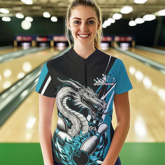 Custom Black And Blue Flame Dragon Bowling Jerseys Women Bowling Team Quarter-Zip Shirts IPHW8712