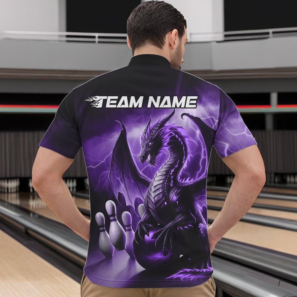 Custom Purple Thunder Lightning Dragon Bowling Quarter-Zip Shirts For Men, Bowling Team Uniform IPHW8951
