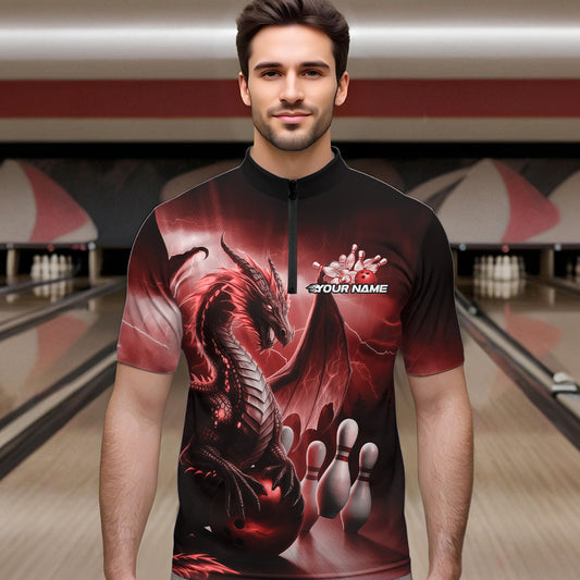 Custom Red Thunder Lightning Dragon Bowling Quarter-Zip Shirts For Men, Bowling Team Uniform IPHW8952