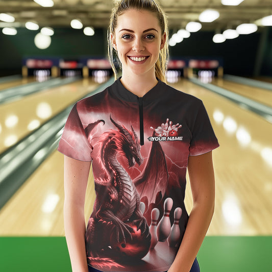Custom Red Thunder Lightning Dragon Bowling Women Quarter-Zip Shirts, Bowling Team Uniform IPHW8952
