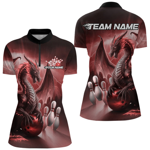 Custom Red Thunder Lightning Dragon Bowling Women Quarter-Zip Shirts, Bowling Team Uniform IPHW8952