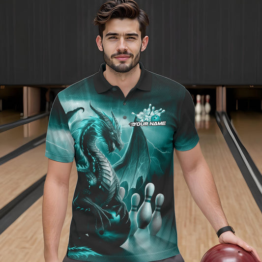 Custom Turquoise Blue Thunder Lightning Dragon Bowling Polo Shirts For Men, Team Uniform IPHW8953