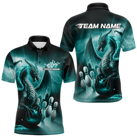 Custom Turquoise Blue Thunder Lightning Dragon Bowling Polo Shirts For Men, Team Uniform IPHW8953