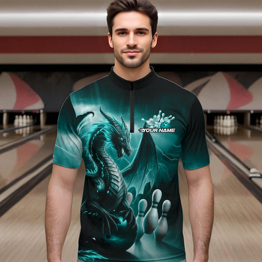 Custom Turquoise Blue Thunder Lightning Dragon Bowling Quarter-Zip Shirts For Men, Team Uniform IPHW8953
