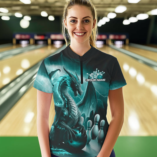 Custom Turquoise Blue Lightning Dragon Bowling Women Quarter-Zip Shirt, Team Uniform IPHW8953