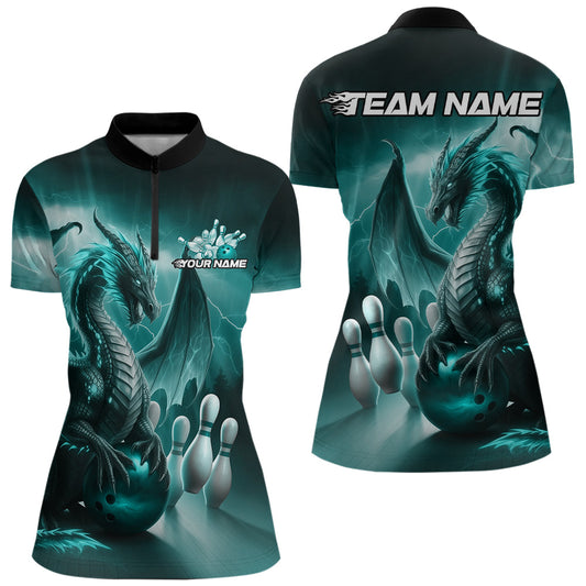 Custom Turquoise Blue Lightning Dragon Bowling Women Quarter-Zip Shirt, Team Uniform IPHW8953