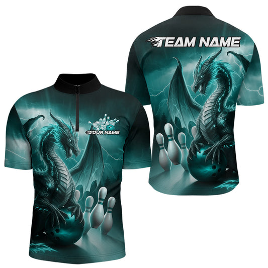 Custom Turquoise Blue Thunder Lightning Dragon Bowling Quarter-Zip Shirts For Men, Team Uniform IPHW8953