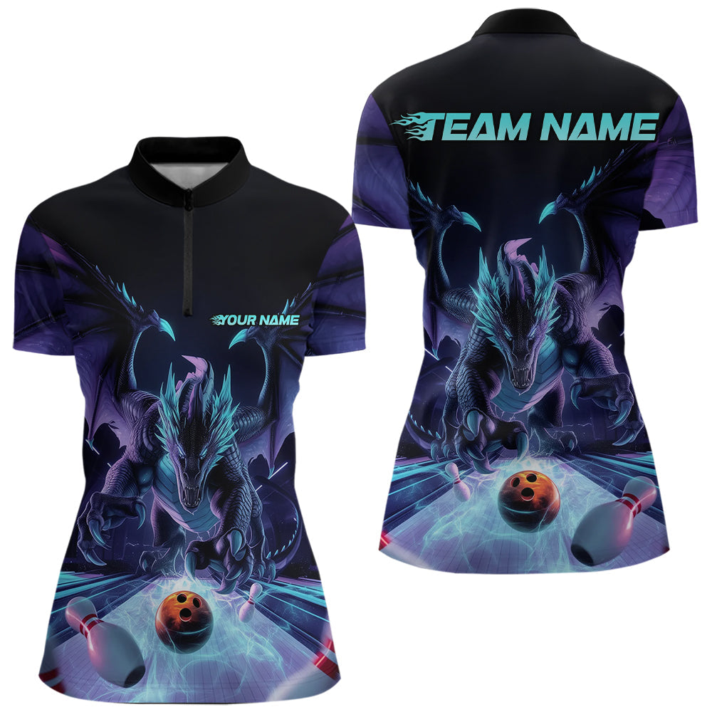 Custom Blue And Purple Dragon Bowling Jerseys, Dragon Bowling Team Women Quarter-Zip Shirts IPHW8954