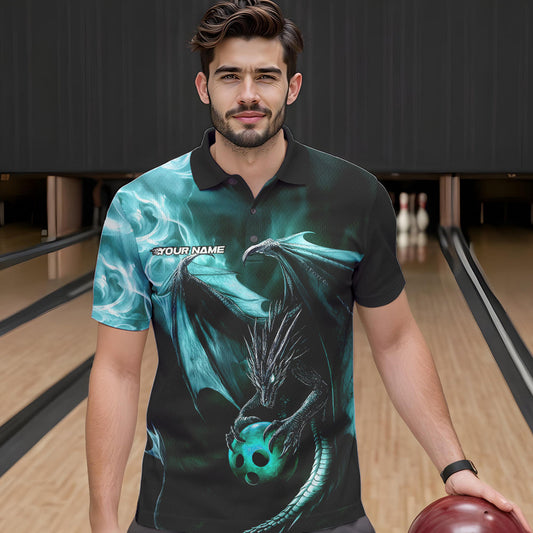 Custom Black And Blue Flame Dragon Bowling Polo Shirts For Men, Dragon Bowling Jerseys IPHW8964