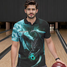 Load image into Gallery viewer, Custom Black And Blue Flame Dragon Bowling Polo Shirts For Men, Dragon Bowling Jerseys IPHW8964