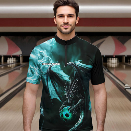 Custom Black And Blue Flame Dragon Bowling Quarter-Zip Shirts For Men, Dragon Bowling Jerseys IPHW8964