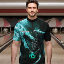 Load image into Gallery viewer, Custom Black And Blue Flame Dragon Bowling Quarter-Zip Shirts For Men, Dragon Bowling Jerseys IPHW8964