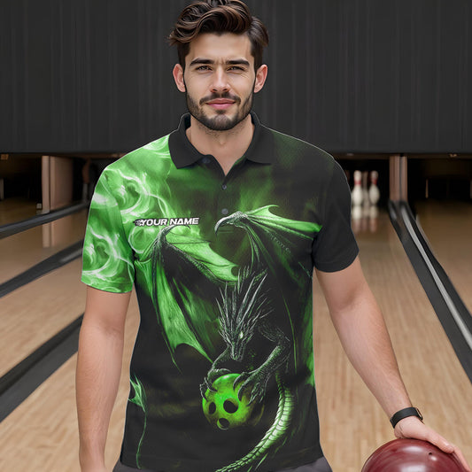 Custom Black And Green Flame Dragon Bowling Polo Shirts For Men, Dragon Bowling Jerseys IPHW8965