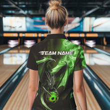 Load image into Gallery viewer, Custom Black And Green Flame Dragon Bowling Polo Shirts For Women, Dragon Bowling Jerseys IPHW8965