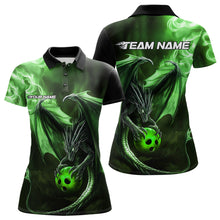 Load image into Gallery viewer, Custom Black And Green Flame Dragon Bowling Polo Shirts For Women, Dragon Bowling Jerseys IPHW8965
