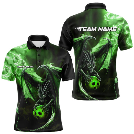 Custom Black And Green Flame Dragon Bowling Polo Shirts For Men, Dragon Bowling Jerseys IPHW8965