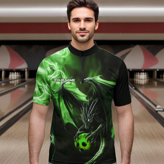 Custom Black And Green Flame Dragon Bowling Quarter-Zip Shirts For Men, Dragon Bowling Jerseys IPHW8965