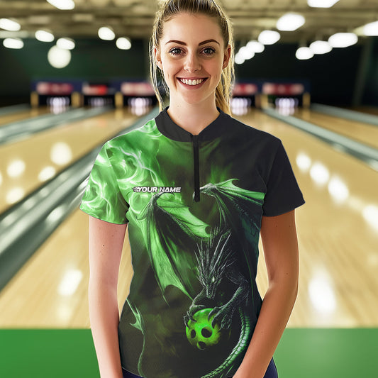 Custom Black And Green Flame Dragon Bowling Women Quarter-Zip Shirt, Dragon Bowler Jersey IPHW8965