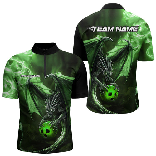 Custom Black And Green Flame Dragon Bowling Quarter-Zip Shirts For Men, Dragon Bowling Jerseys IPHW8965