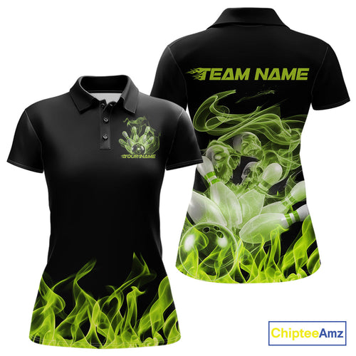 Custom Green Skull Smoke Bowling Team Women Polo Shirts, Halloween Bowling Outfit IPHW9773