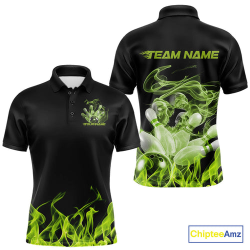 Custom Green Skull Smoke Bowling Team Men Polo Shirts, Halloween Bowling Outfit IPHW9773