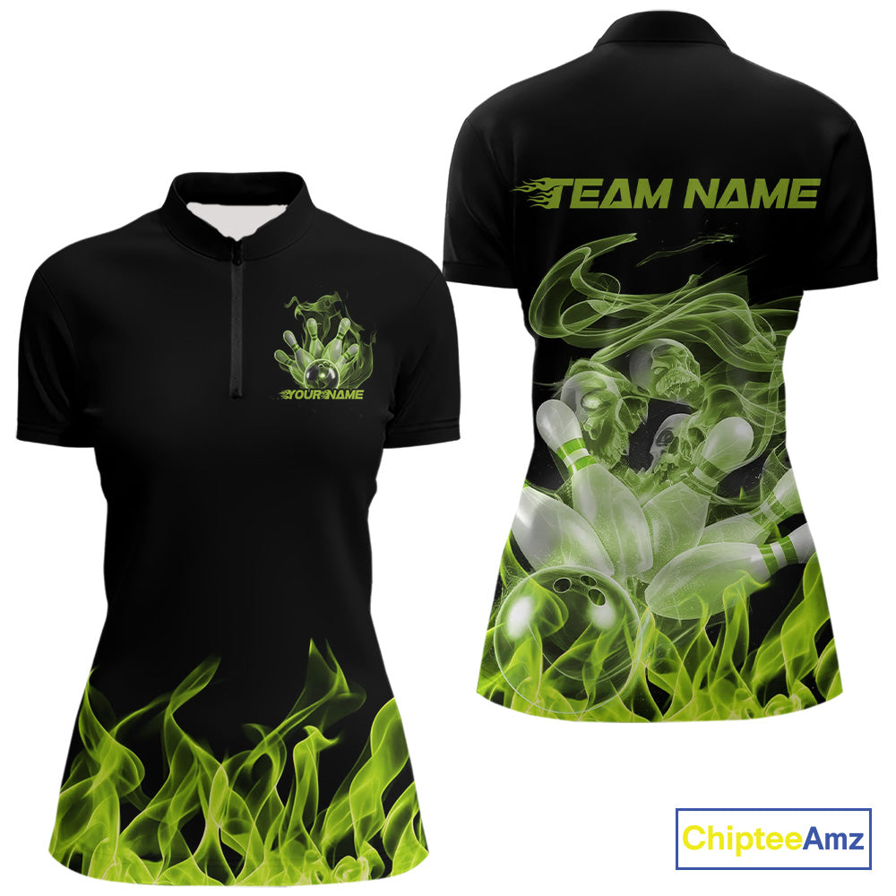 Custom Green Skull Smoke Bowling Team Women Quarter-Zip Shirts, Halloween Bowling Outfit IPHW9773
