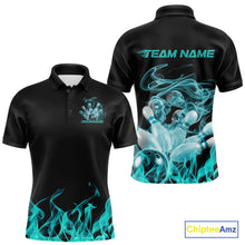 Load image into Gallery viewer, Custom Turquoise Blue Skull Smoke Bowling Team Men Polo Shirts, Halloween Bowling Outfit IPHW9774