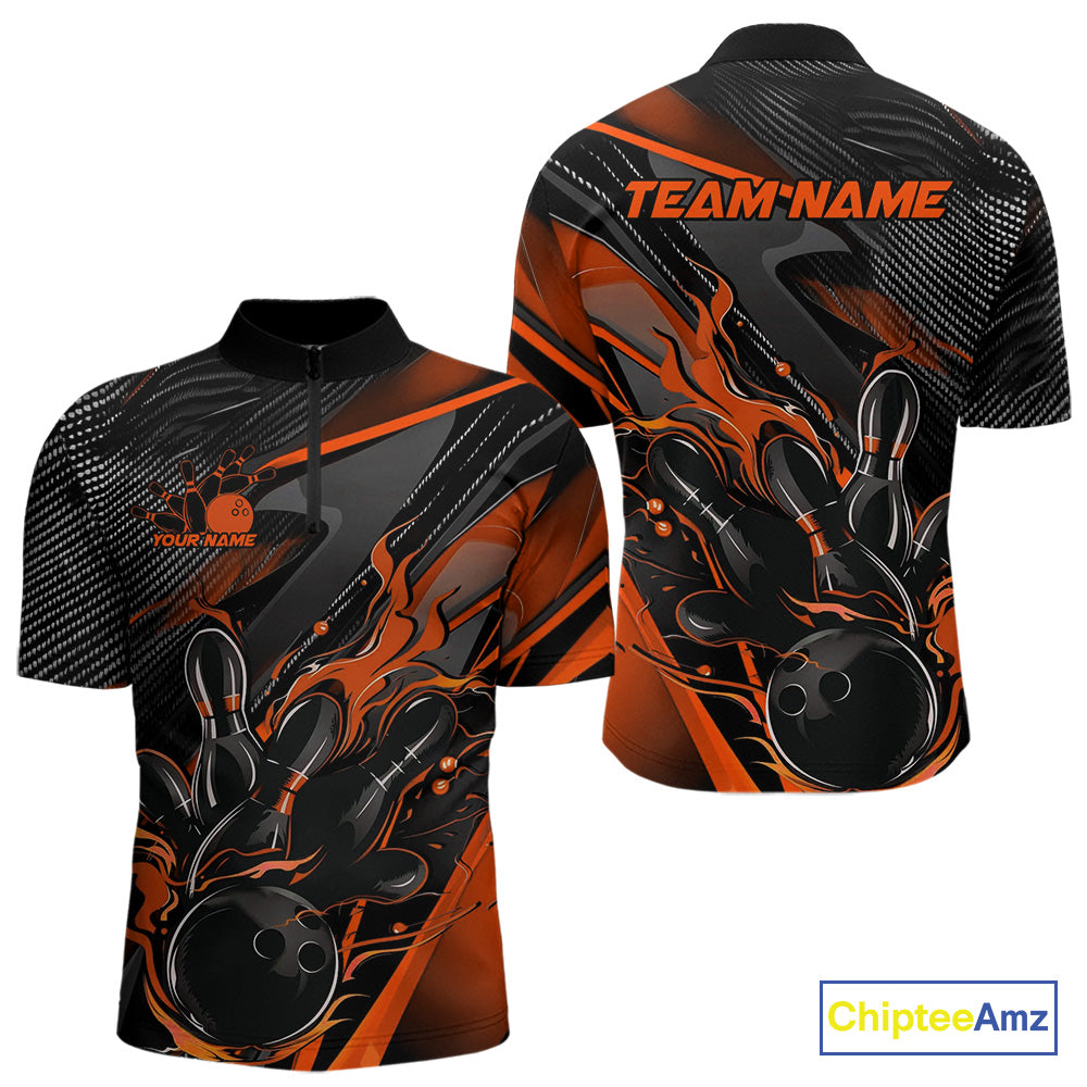 Custom Black And Orange Flame Bowling Team Men Quarter-Zip Shirts, Fire Bowling Jerseys IPHW9780