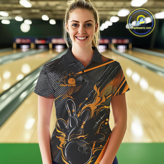 Custom Black And Yellow Flame Bowling Team Women Polo Shirts, Fire Bowling Jerseys IPHW9781