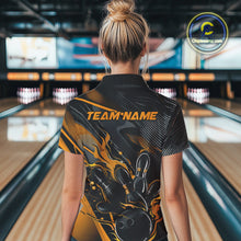 Load image into Gallery viewer, Custom Black And Yellow Flame Bowling Team Women Polo Shirts, Fire Bowling Jerseys IPHW9781