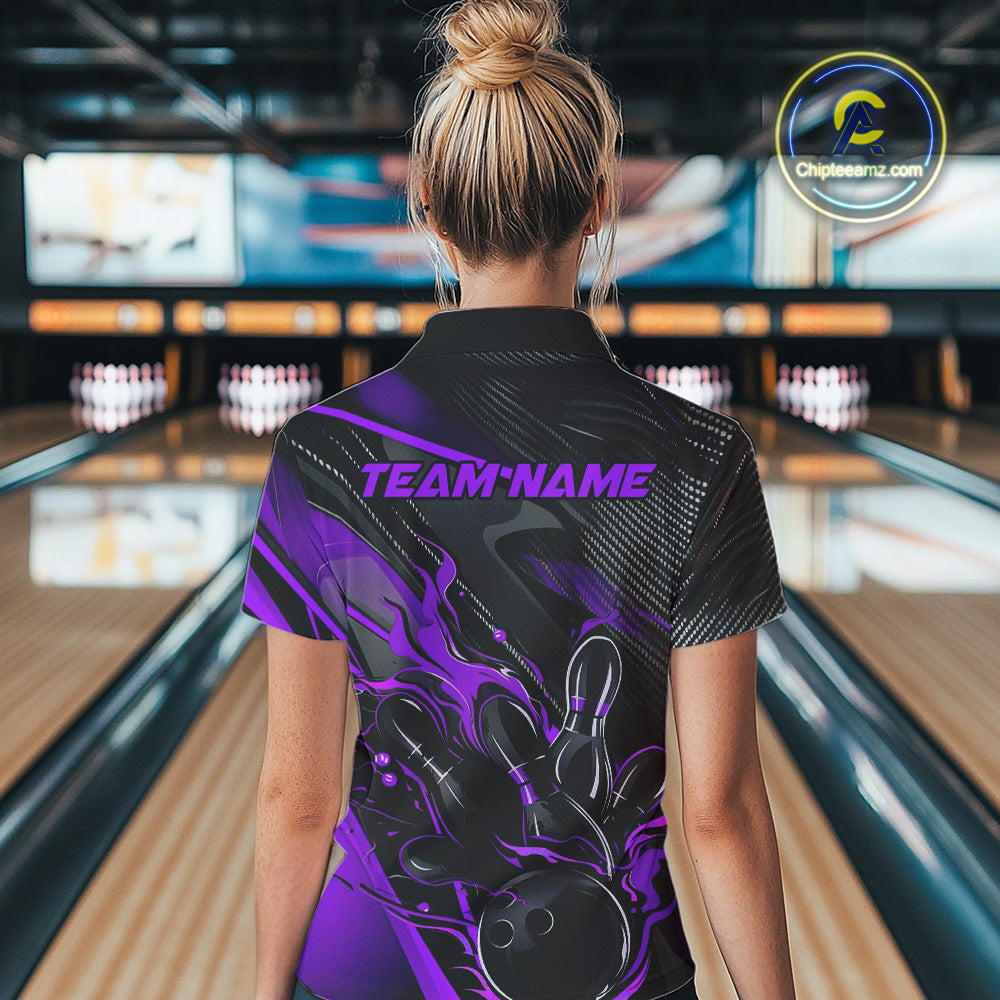 Custom Black And Purple Flame Bowling Team Women Quarter-Zip Shirts, Fire Bowling Jerseys IPHW9782