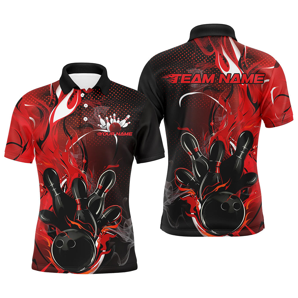 Black And Red Custom Flame Bowling Polo Shirts For Men, Fire Bowling Team Shirt IPHW8236
