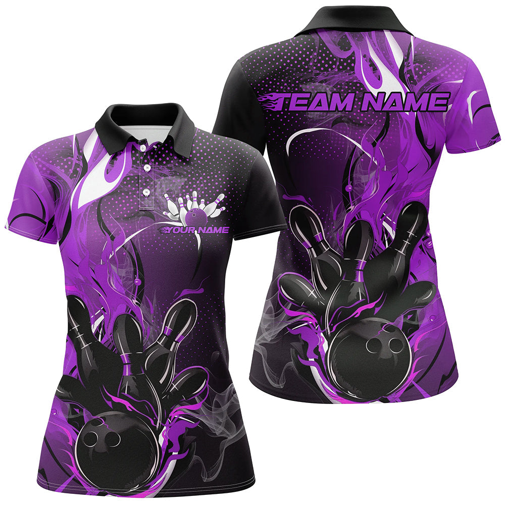 Black And Purple Custom Flame Bowling Polo Shirts For Women, Fire Bowling Team Shirt IPHW8238