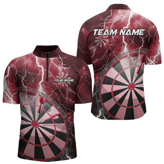 Custom Red Thunder Lightning Dartboard Dart Quarter-Zip Shirts For Men, Dart Tournament Team Shirt IPHW8489