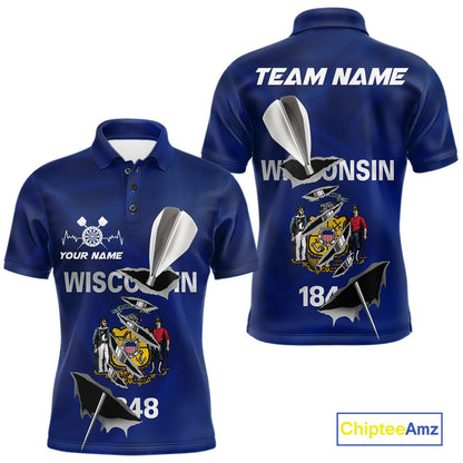 Custom Wisconsin State Flag Silver Dart Steel Tip Dart Men Polo Shirt, Dart Team Jerseys IPHW10560