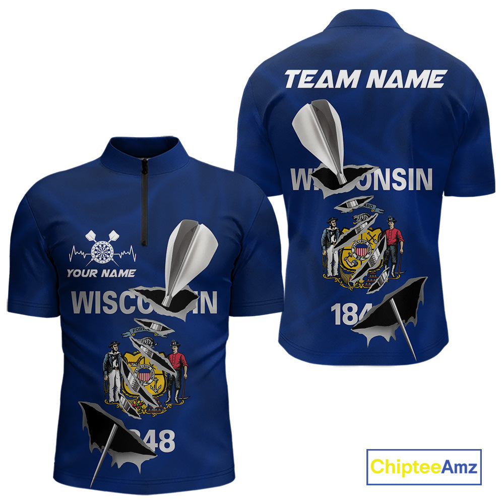 Custom Wisconsin State Flag Silver Dart Steel Tip Dart Men Quarter-Zip Shirt, Dart Team Jerseys IPHW10560