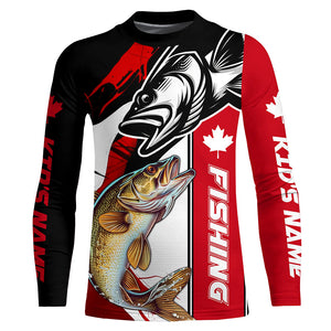 Canadian Flag Cuswom Walleye Long Sleeve Fishing Shirts, Canada Flag Walleye Fishing Jerseys IPHW6202