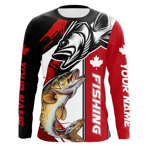 Canadian Flag Cuswom Walleye Long Sleeve Fishing Shirts, Canada Flag Walleye Fishing Jerseys IPHW6202