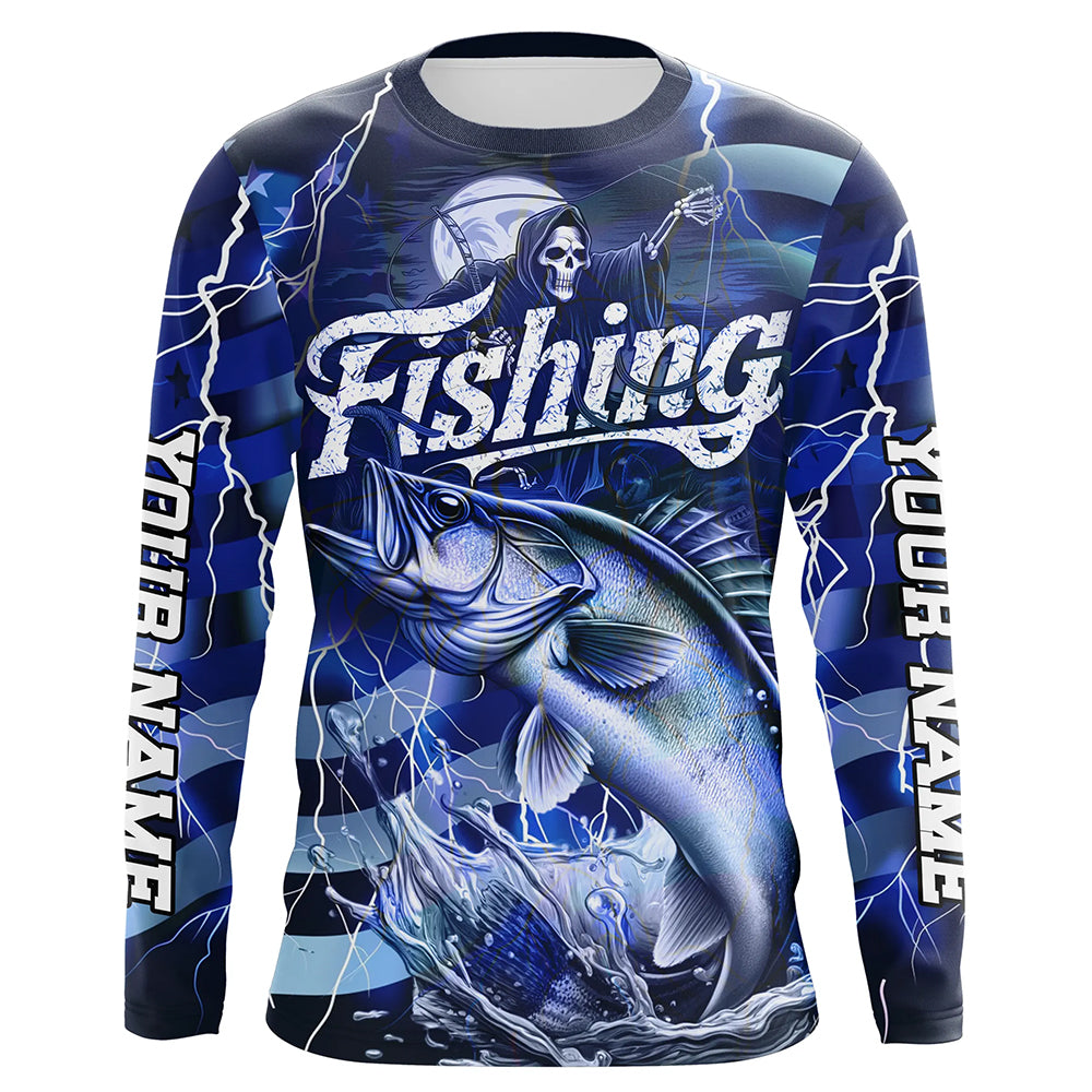 Blue Lightning American Flag Custom Walleye Fishing Long Sleeve Shirts, Fish Reaper Fishing Jerseys IPHW6685