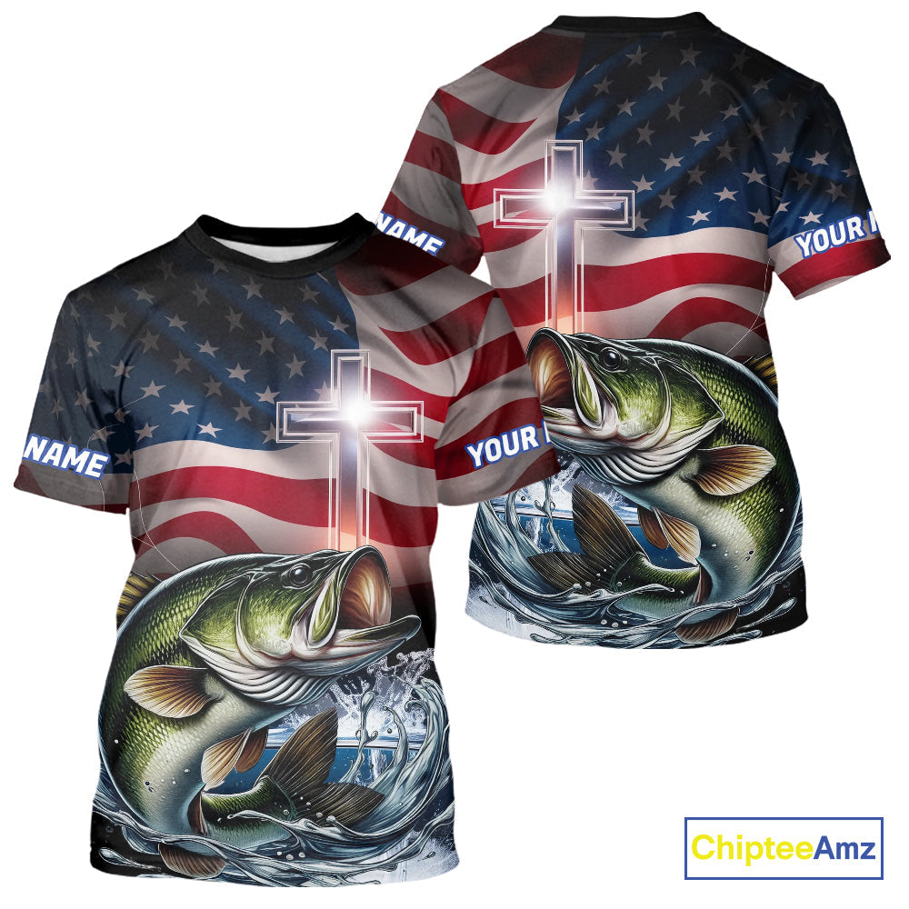 Custom Patrotic Largemouth Bass Fishing T-Shirts, Faith Bass Fishing T-Shirt IPHW9204