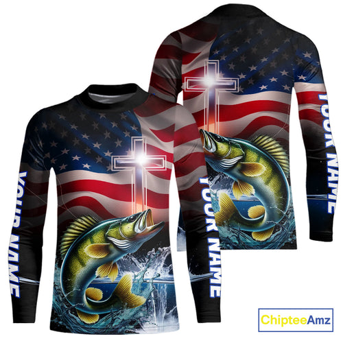 Custom Patrotic Walleye Kid Long Sleeve Fishing Shirts, Faith Walleye Fishing Shirt IPHW9205