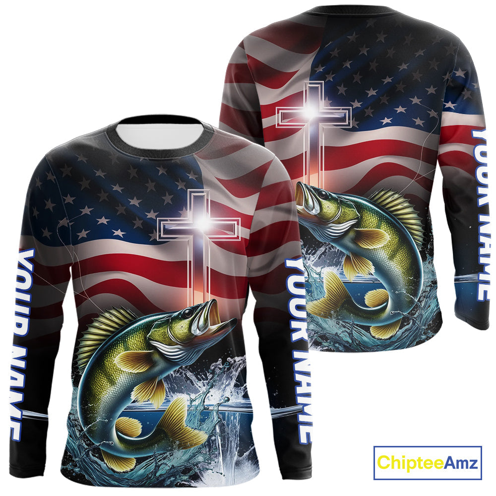 Custom Patrotic Walleye Long Sleeve Fishing Shirts, Faith Walleye Fishing Shirt IPHW9205