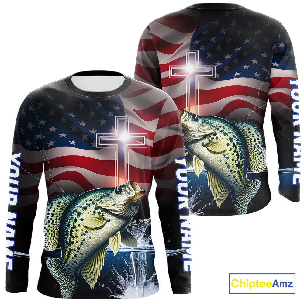 Custom Patrotic Crappie Long Sleeve Fishing Shirts, Faith Crappie Fishing Shirt IPHW9206