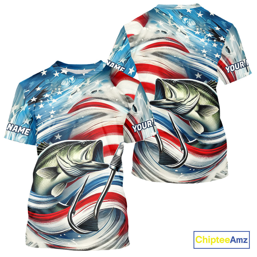 Custom Patriotic Amercian Flag Largemouth Bass Tournament Fishing T-Shirts IPHW9210
