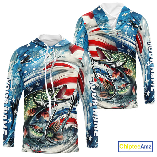 Custom Patriotic Amercian Flag Pike Long Sleeve Hooded Tournament Fishing Shirts IPHW9211
