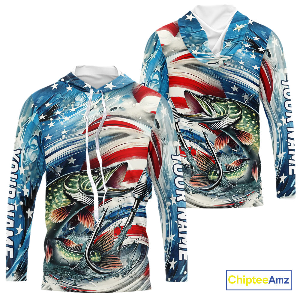 Custom Patriotic Amercian Flag Pike Long Sleeve Hooded Tournament Fishing Shirts IPHW9211