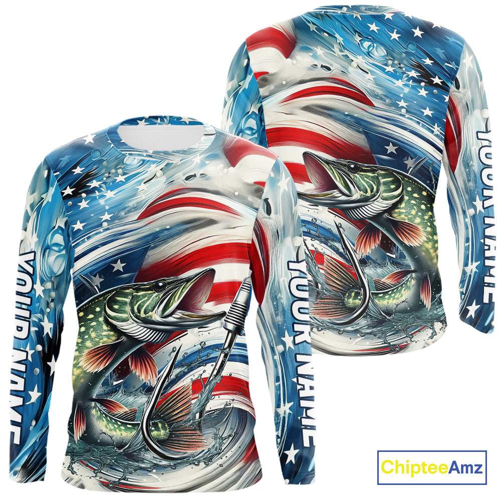 Custom Patriotic Amercian Flag Pike Long Sleeve Tournament Fishing Shirts IPHW9211